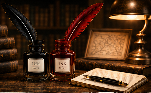 Ink bottles, quills and writing desk